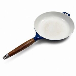 Vintage Copco Michael Lax 10" Blue Enamel Cast Iron‎ Skillet Teak Handle MCM